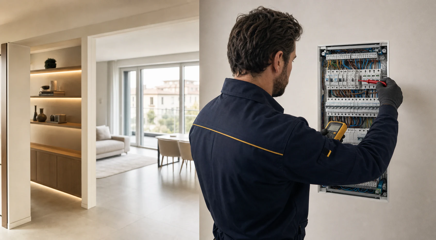 Elettricista al lavoro sull'impianto di illuminazione di un ambiente residenziale