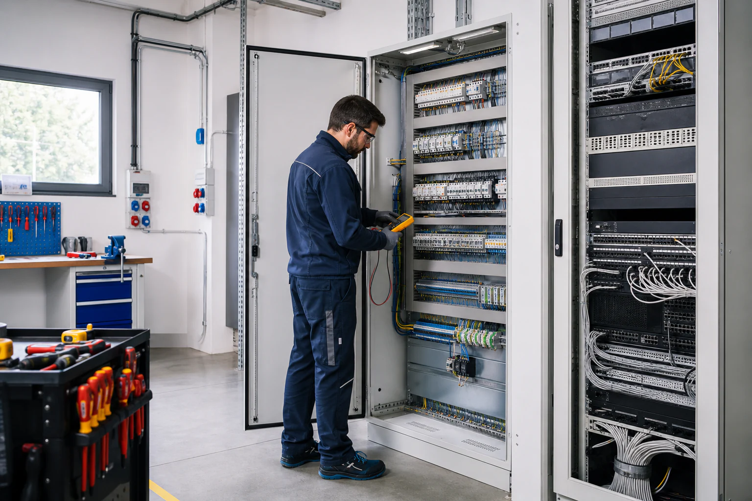 Quadro elettrico e infrastruttura di rete in un ambiente tecnico