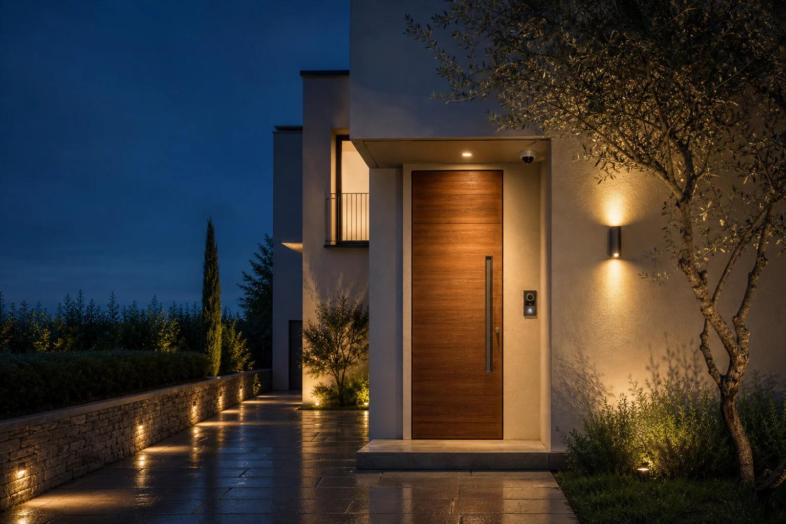 Illuminazione esterna e telecamera di sicurezza su una casa contemporanea